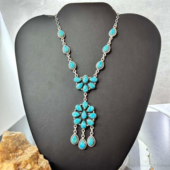 Jewelry - Sterling Southwestern Style 25 Teardrop Turquoise Cluster 17" Necklace For Women